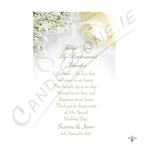 Customised Wedding Thank you Candle Gift - White Roses Gold Thank You Bridesmaid Candle