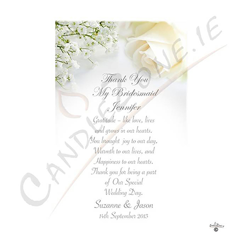 Customised Wedding Thank you Candle Gift - White Roses Silver Thank You Bridesmaid Candle