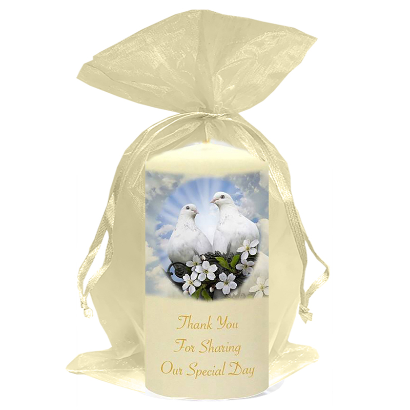 Customised Wedding Candles - Love Doves Gold Script