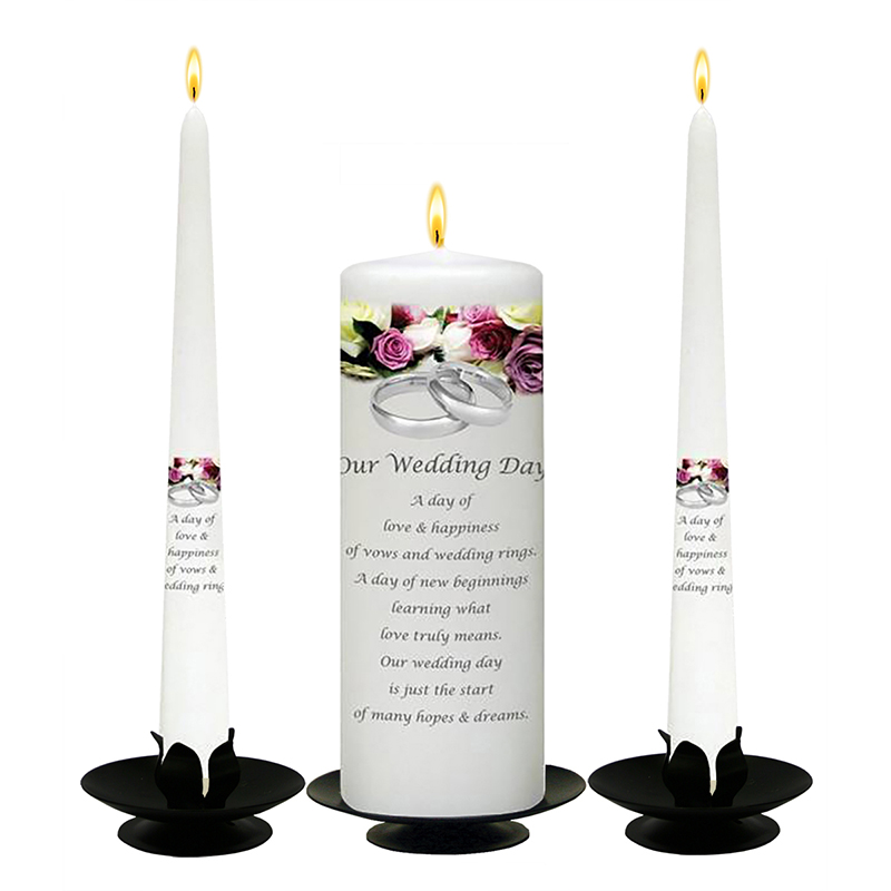Customised Wedding Candles - Purple & Cream Roses Silver