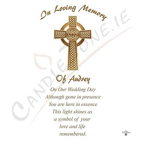 Customised Wedding Remembrance Candle - Celtic Cross & Rings Gold