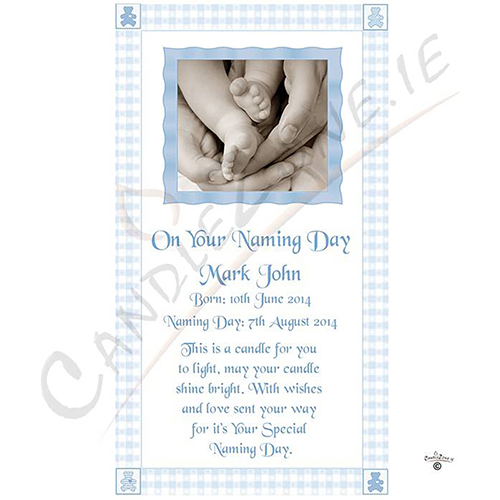 Customised Naming Day Candle Gift - Gingham Feet Blue