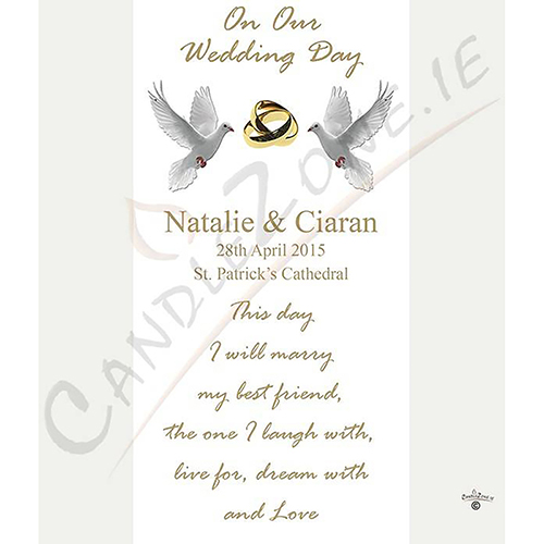 Customised Wedding Candles - Entwined Gold Rings & Doves