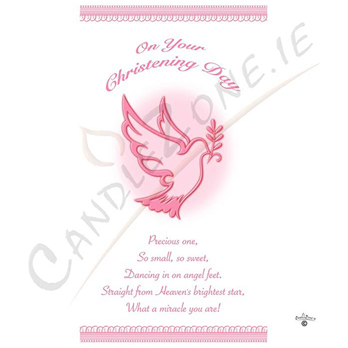 Customised Girls Christening Candle - Flying Dove & Lace Pink
