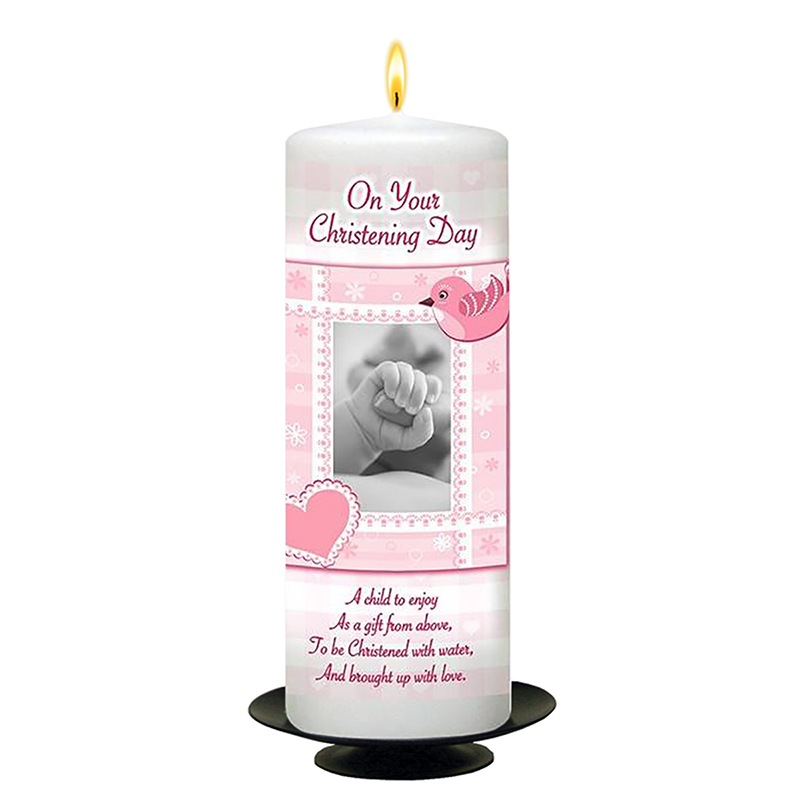 Customised Girls Christening Candle - Heart & Bird Pink