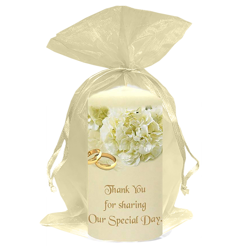 Customised Wedding Candles - Flower Range White Bouquet & Gold Rings