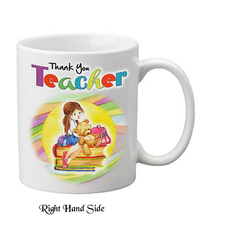 Customised Thank You Teacher Mug Gift - Girl & Teddy Sitting on Books