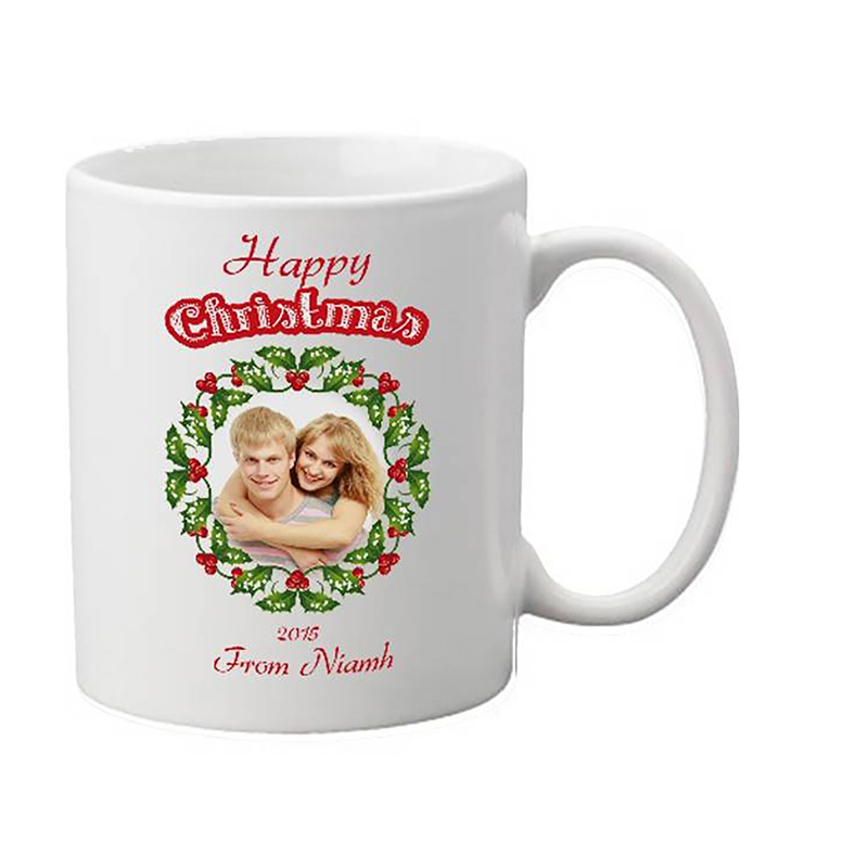 Personalsied Christmas Mug Gift - Holly & Xmas Wreath with Photo