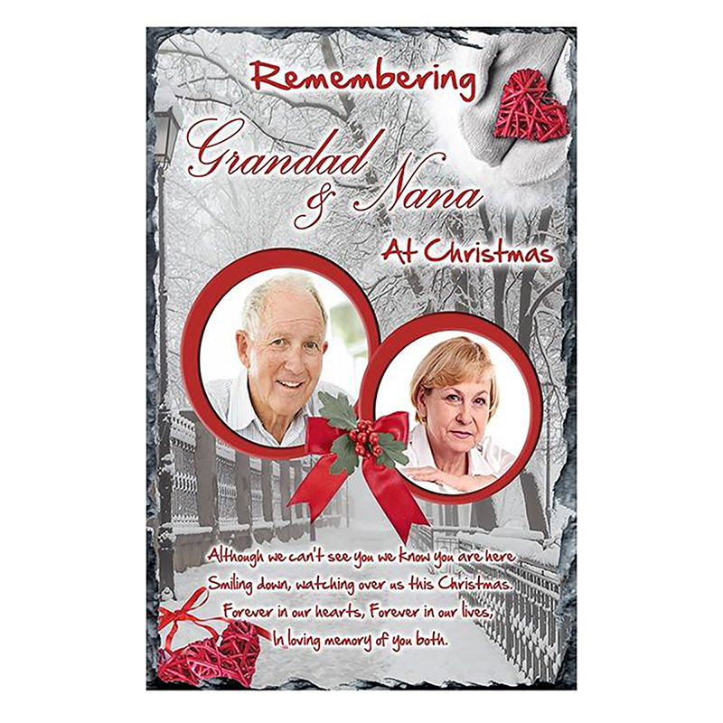 Customised Christmas Remembrance Slate - Winter Scene Hearts & Two Photos