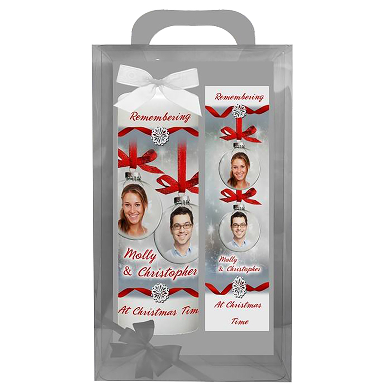 Customised Christmas Remembrance Candle - Red Ribbon with two Photos