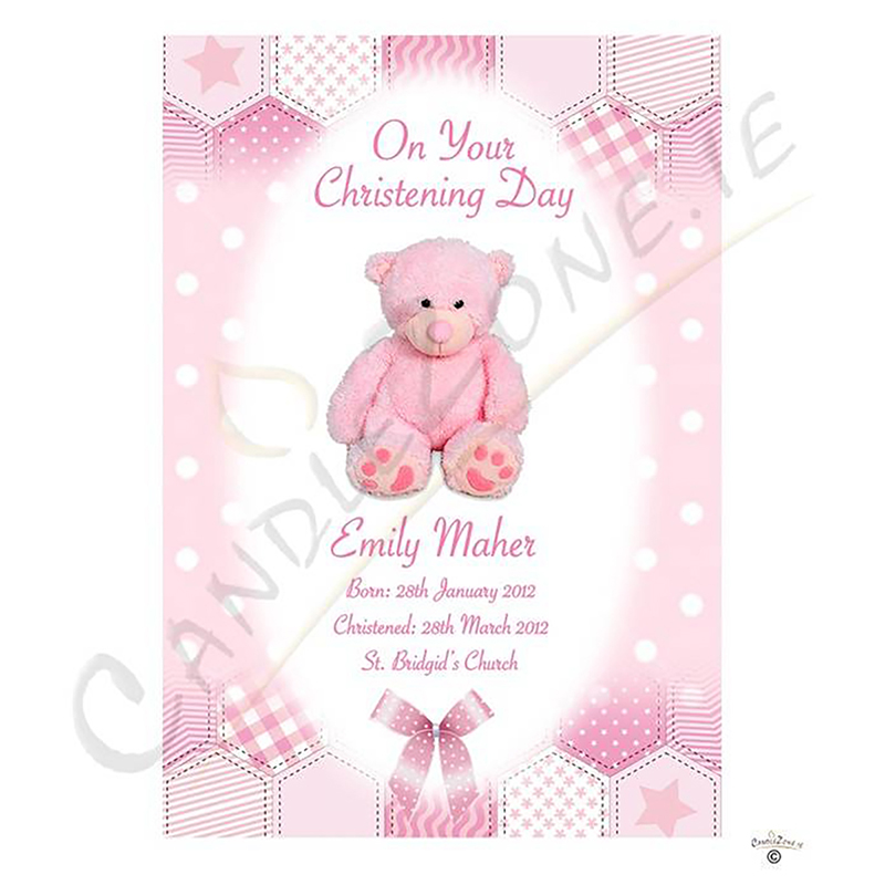 Customised Girls Christening Candle - Dots & Ribbons Pink Teddy