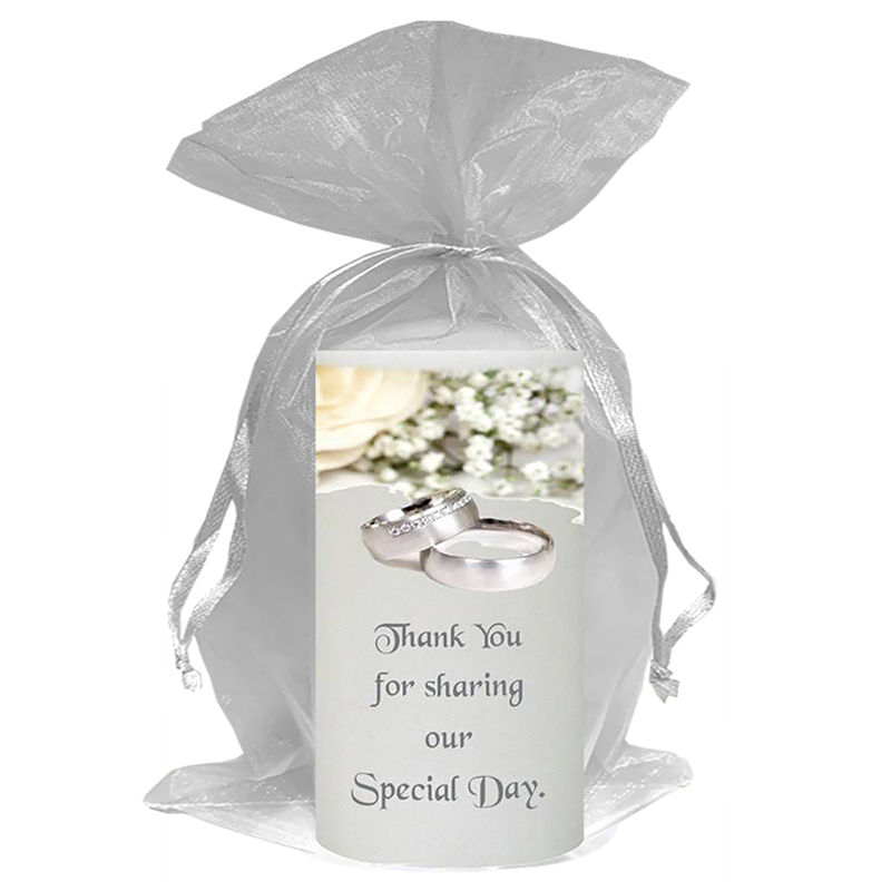 Customised Thank you Wedding Favour - White Flowers & Rings Silver