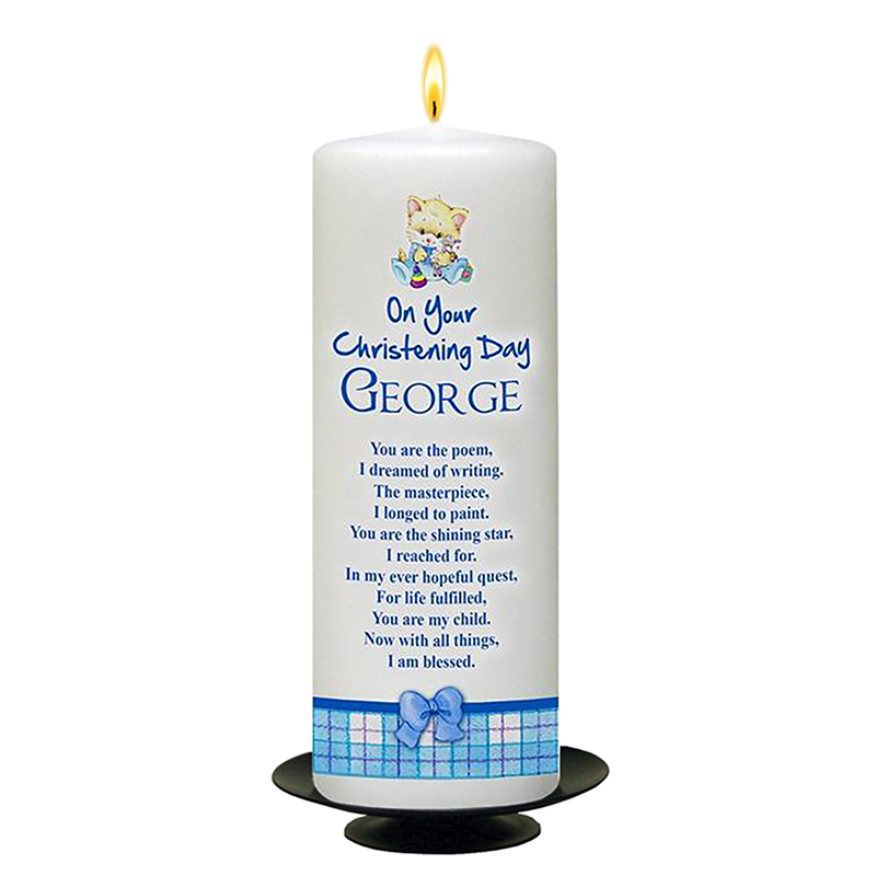 Customised Boys Christening Candle - Kitten Roses & Bows Blue with Photo