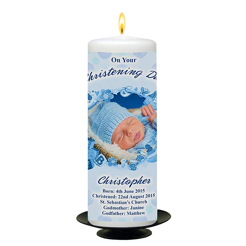 Customised Boys Christening Candle - Teddy & Toy Border Blue with Photo