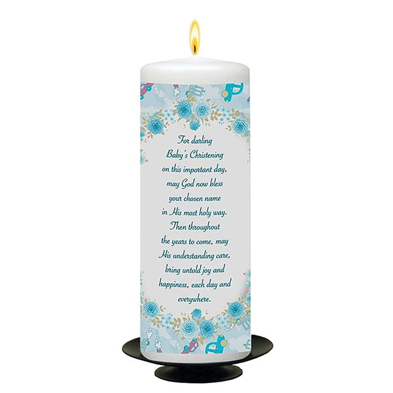 Customised Boys Christening Candle - Bear & Sleeping on Moon Blue