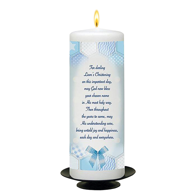 Customised Boys Christening Candle - Dots & Ribbons Blue with Photo
