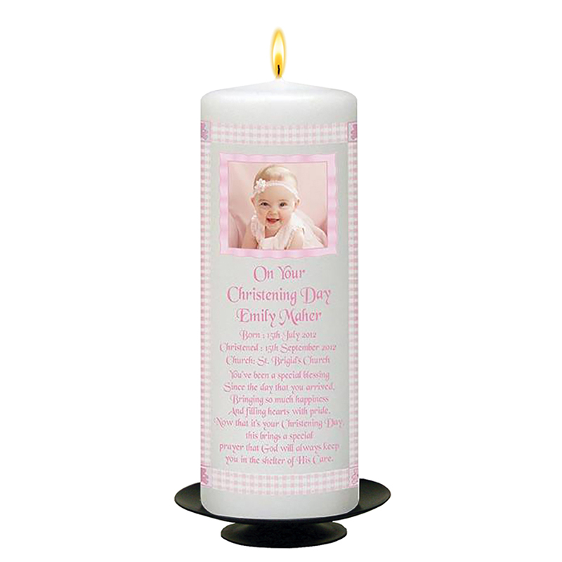 Customised Girls Christening Candle - Gingham Frame Pink with Photo