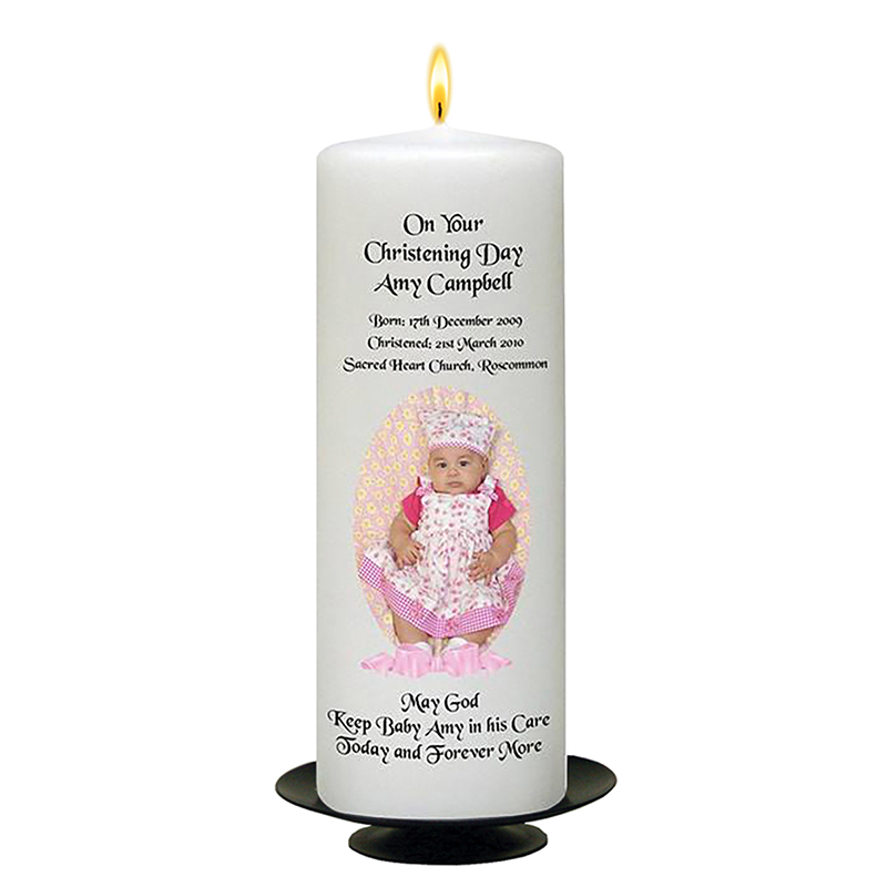 Customised Girls Christening Candle - Ribbon Pink with Photo
