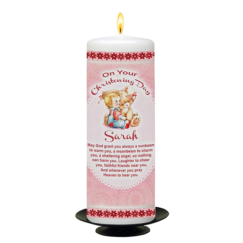 Customised Girls Christening Candle - Cuddle & Photo Pink with Photo