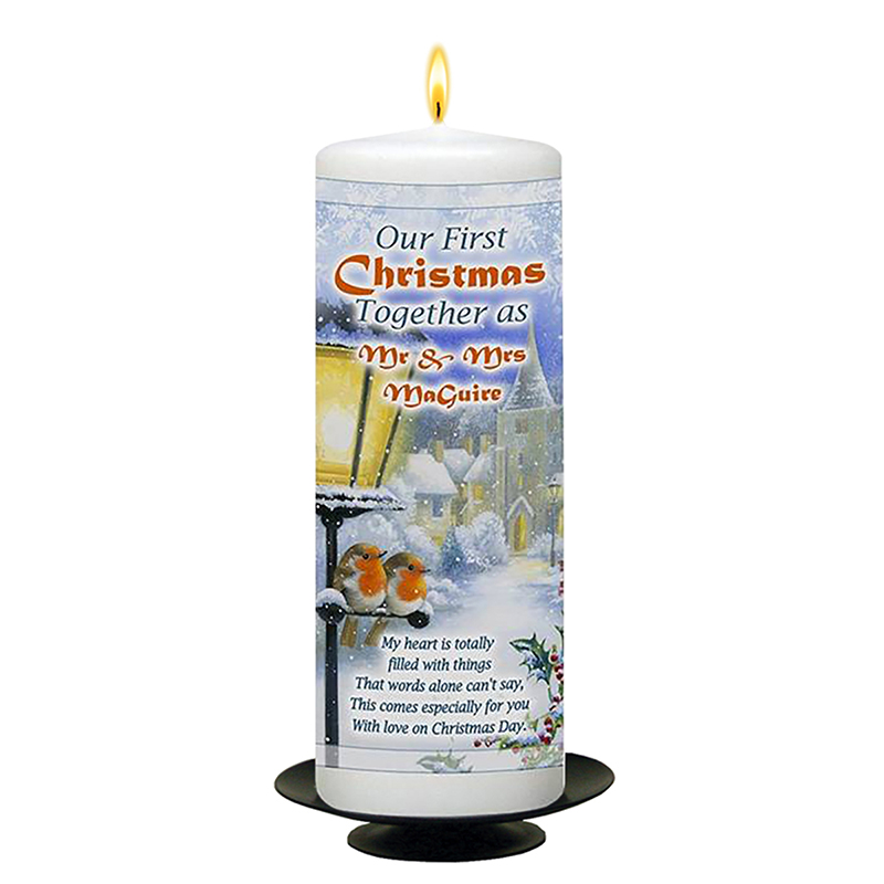 Customised Christmas Candle Gift - Mr & Mrs 1st Xmas - Two Robbins