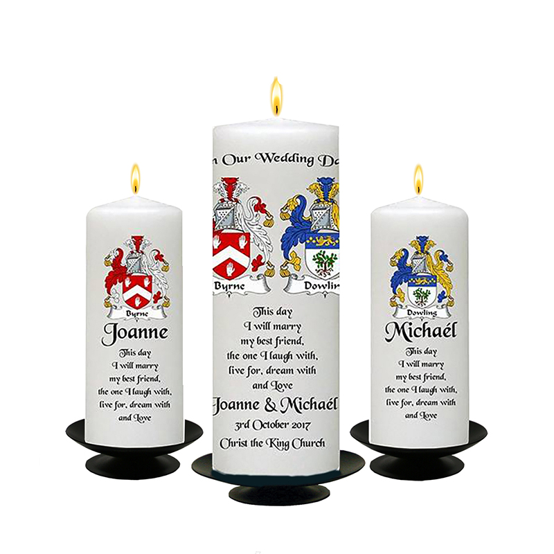 Customised Wedding Candles - Crests Black (1 x 9 inch & 2 x 6 inch Candles)