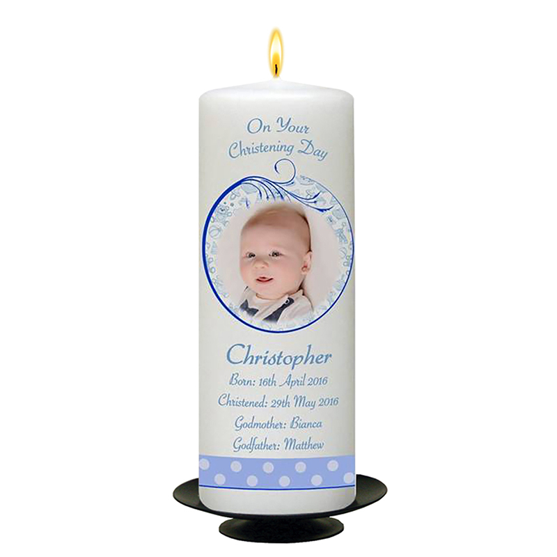 Customised Boys Christening Candle - Teddy & Bubbles Blue with Photo
