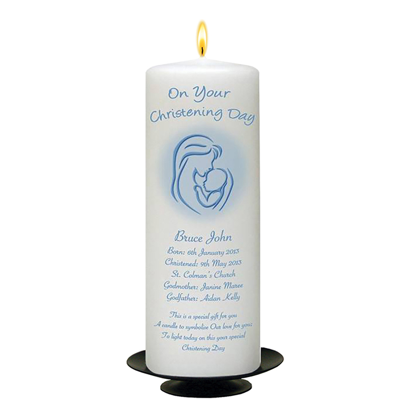 Customised Boys Christening Candle - Mother & Child Blue