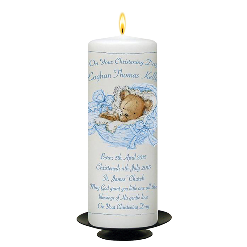 Customised Boys Christening Candle - Teddy in Basket Blue