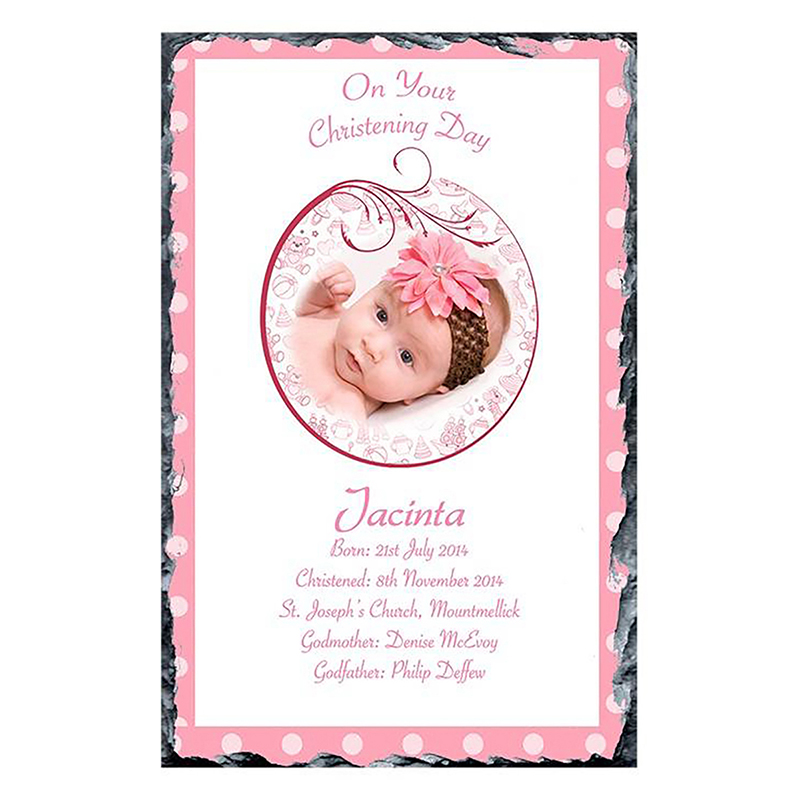 Customised Girl Christening Slate Gift - Teddy & Pink Bubbles with Photo
