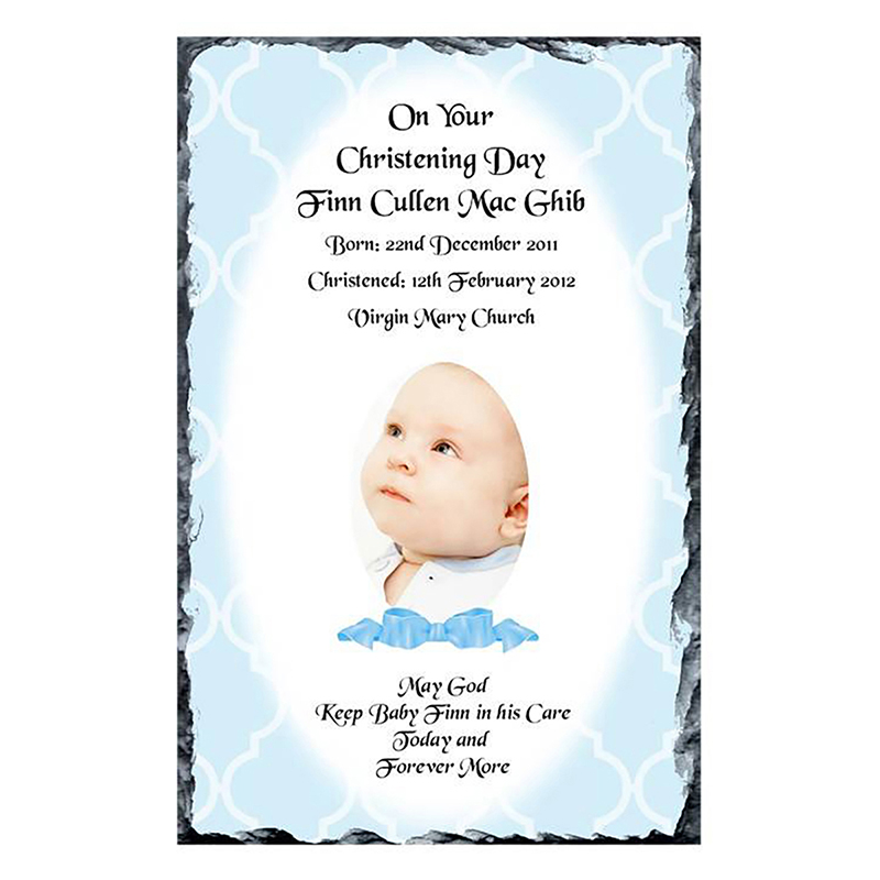 Customised Boys Christening Candle - Ribbon Blue with Photo