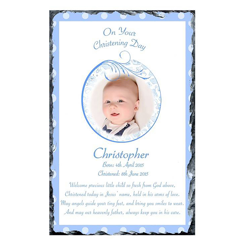 Customised Boys Christening Candle - Teddy & Bubbles Blue with Photo