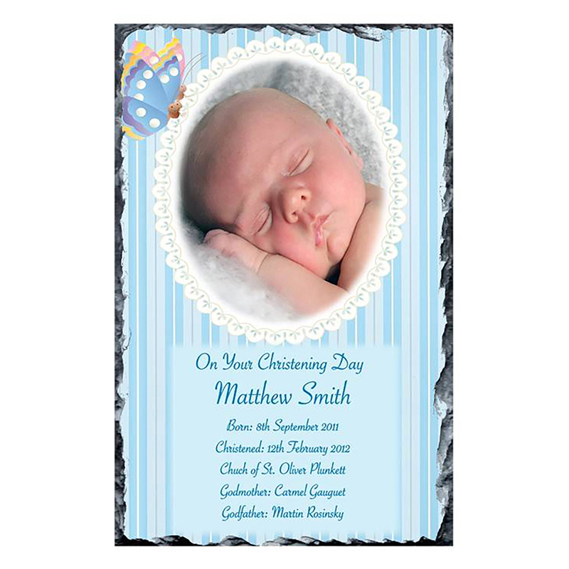 Customised Boys Christening Candle - Butterfly & Bow Blue with Photo