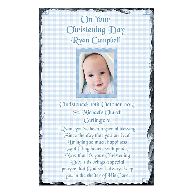 Customised Boys Christening Candle - Gingham Frame Blue with Photo