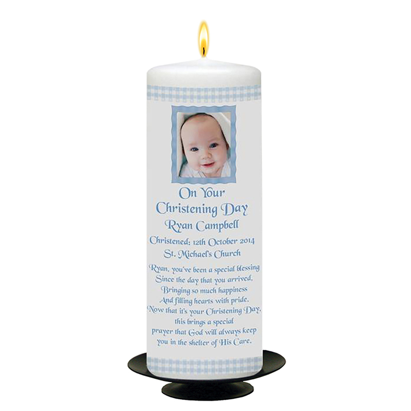 Customised Boys Christening Candle - Gingham Frame Blue with Photo