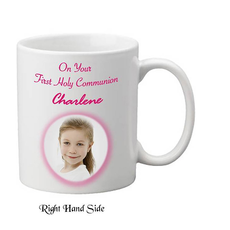 Customised 1st Holy Communion Mug Gift - Pink Cross with Photo Girl