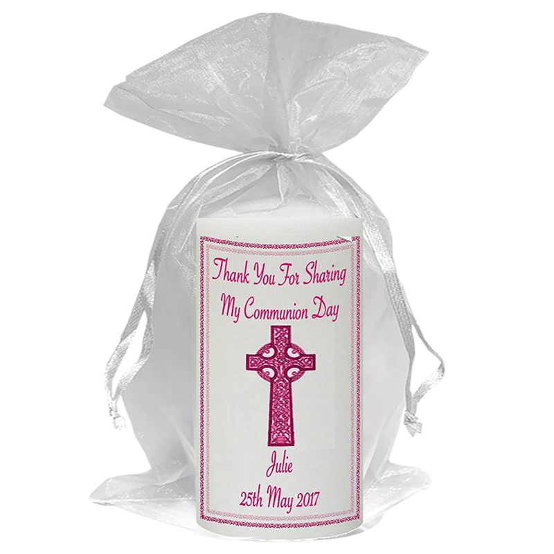 Customised 1st Holy Communion Candle - Pink Celtic Cross