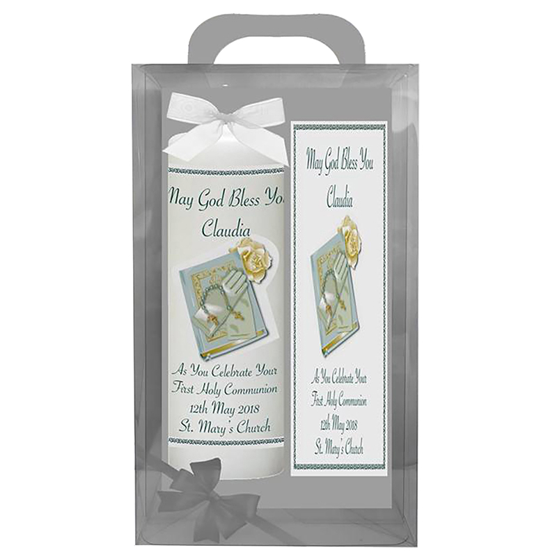Customised 1st Holy Communion Candle - Bible & Gloves