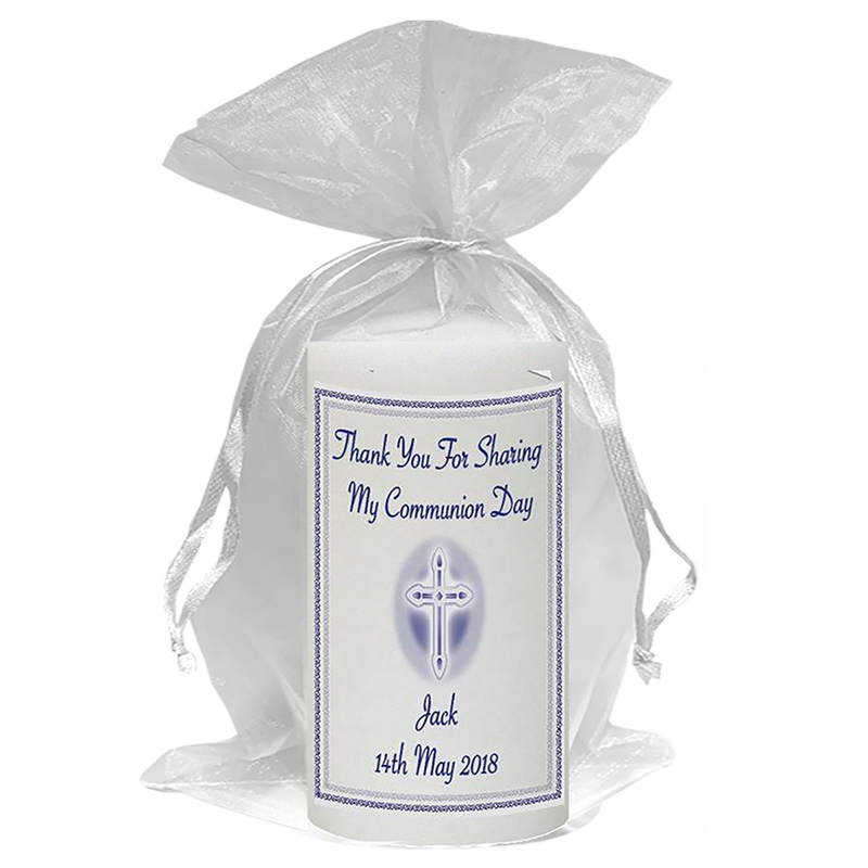 Customised 1st Holy Communion Candle - Cross & Reading Blue