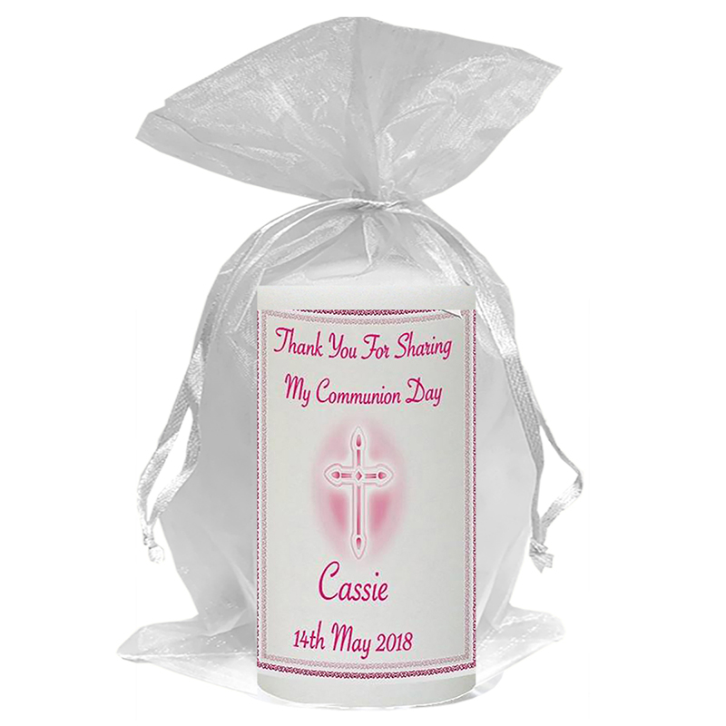 Customised 1st Holy Communion Candle - Cross & Reading Pink