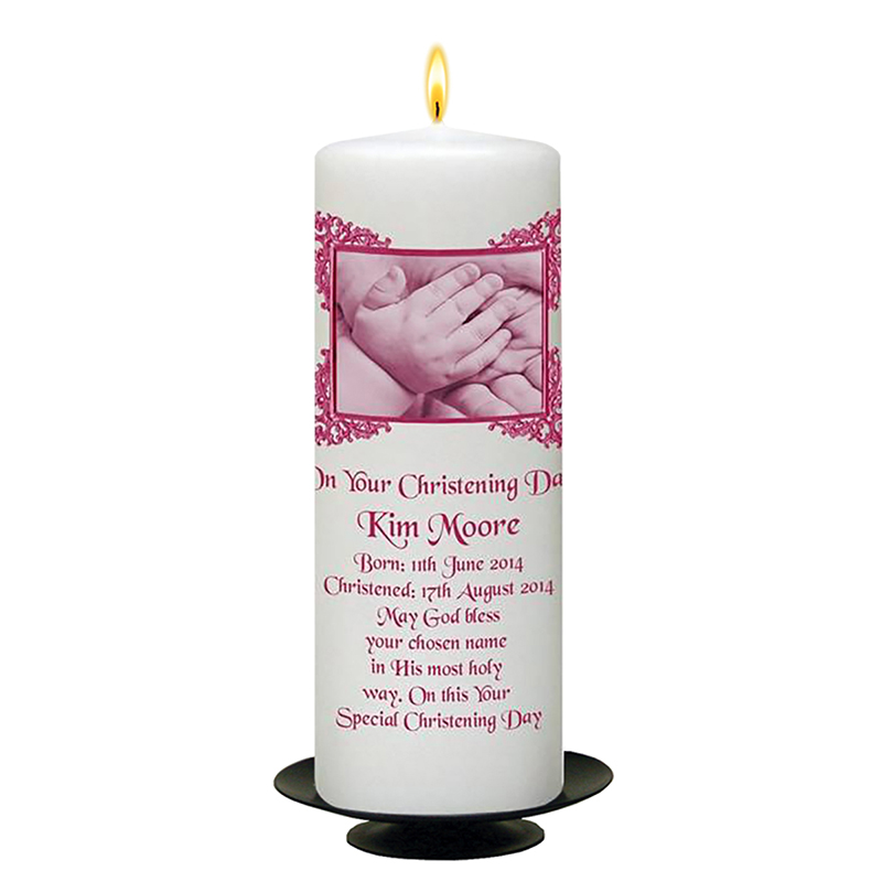Customised Girls Christening Candle - Hand To Hand Pink