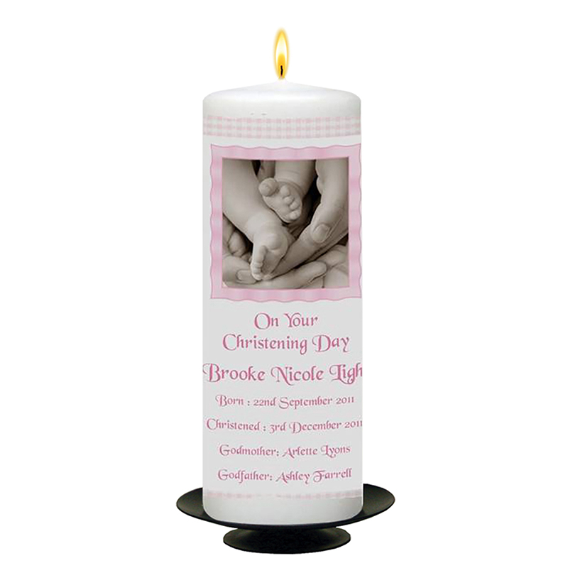Customised Girls Christening Candle - Gingham Feet Pink