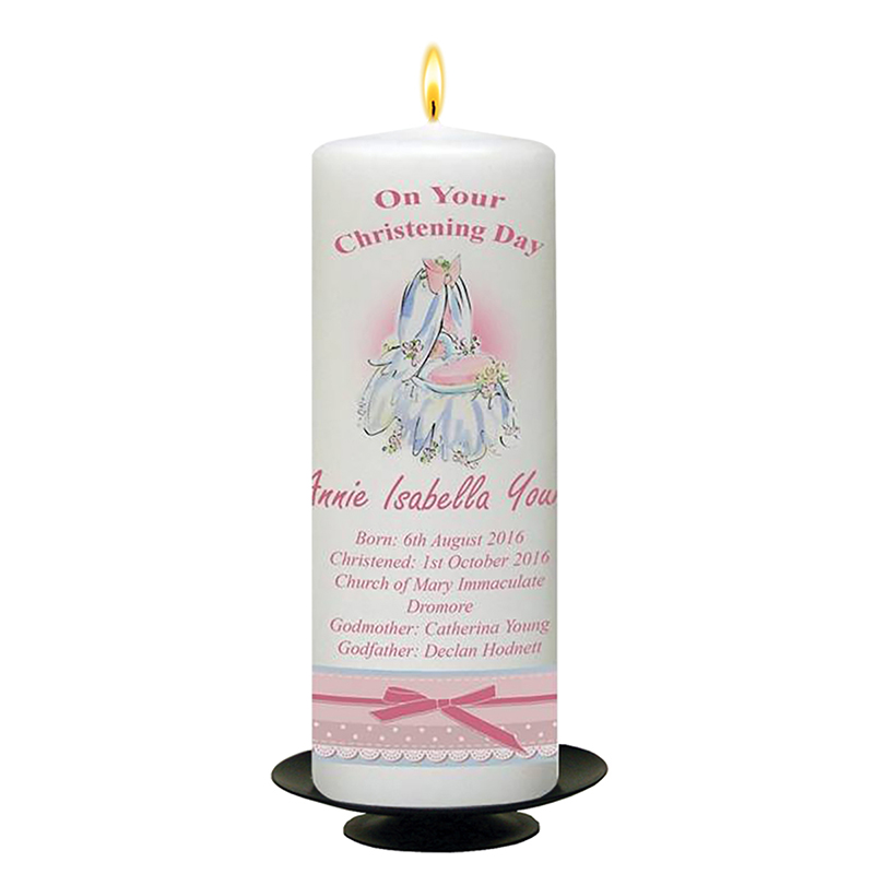 Customised Girls Christening Candle - Cradle & Bow Pink