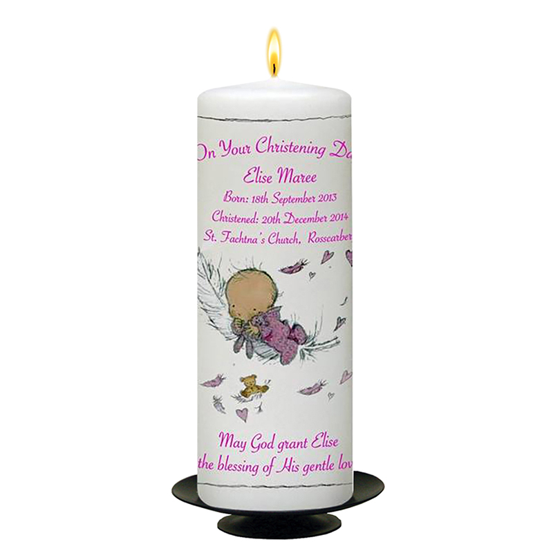 Customised Girls Christening Candle - Feather Baby Pink