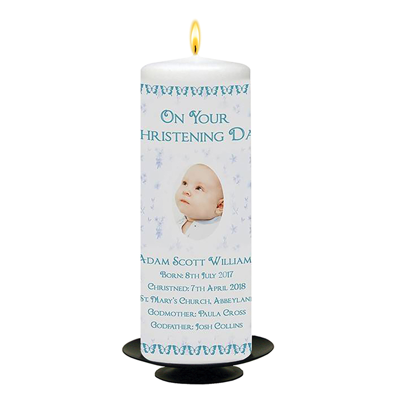 Customised Boys Christening Candle - Butterfly & Feather Blue with Photo