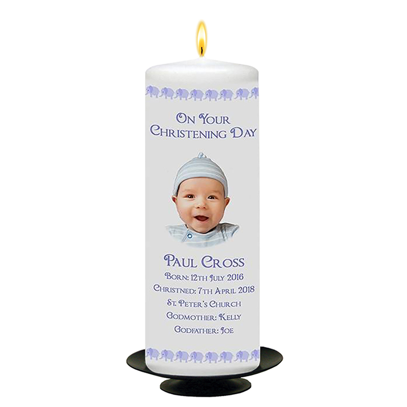 Customised Boys Christening Candle - Elephant Family Boy with Photo