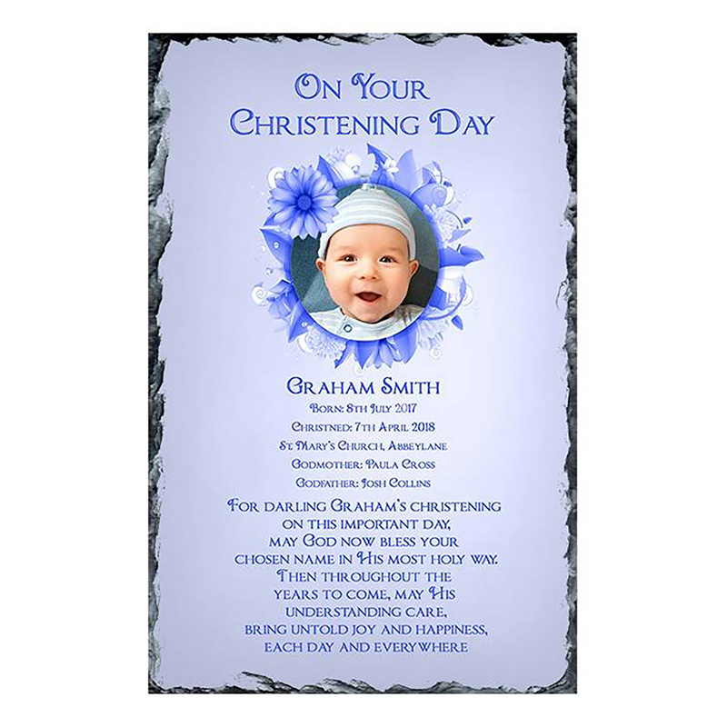 Customised Boys Christening Candle -Flower Blue Ring with Photo