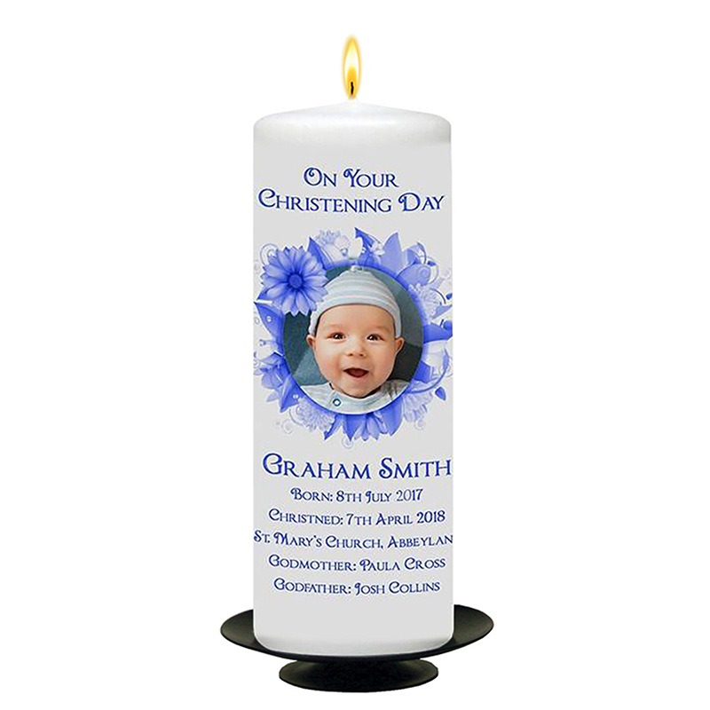 Customised Boys Christening Candle -Flower Blue Ring with Photo