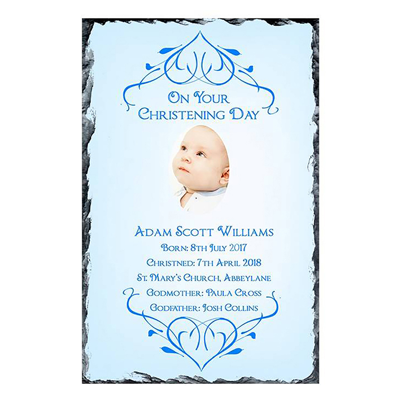 Customised Boys Christening Candle - Heart Blue Border with Photo