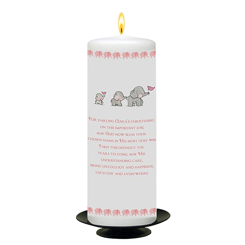 Customised Girls Christening Candle - Elephant Family Pink with Photo