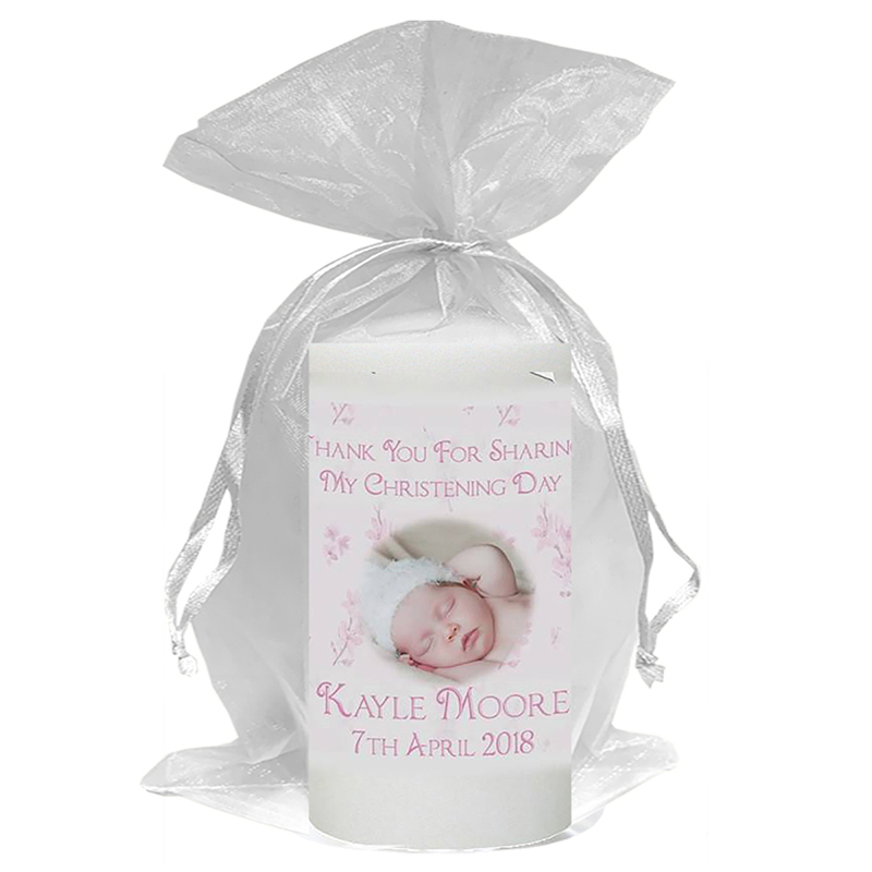 Customised Girls Christening Candle - Butterfly & Feather Pink with Photo